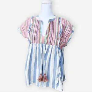 Altar’d State Short Sleeve Colorful Flowy Boho Tassel Striped Top. Medium.